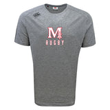 The San Joaquin Tempo Vapodri T-Shirt by WRS Canterbury is a grey short-sleeve tee with "M Rugby" in red and white on the chest and a Canterbury logo on the right shoulder. Its moisture-wicking design keeps you cool during training.