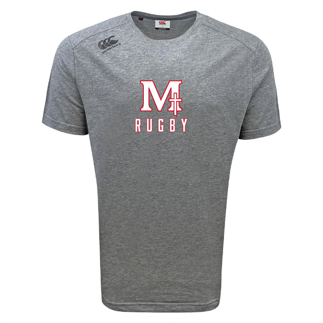 The San Joaquin Tempo Vapodri T-Shirt by WRS Canterbury is a grey short-sleeve tee with "M Rugby" in red and white on the chest and a Canterbury logo on the right shoulder. Its moisture-wicking design keeps you cool during training.