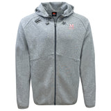 San Joaquin Memorial Tempo Vapodri Full-Zip Hoodie by EMB Canterbury in light gray, featuring two chest logos, drawstring hood, and two front pockets. Stylish with advanced moisture-wicking tech. Displayed on a white background.