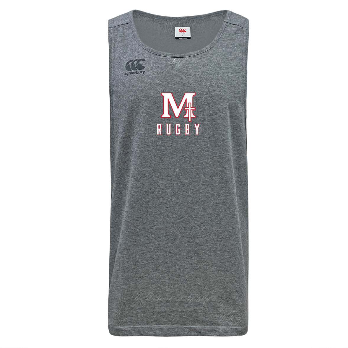 The WRS Canterbury San Joaquin Tempo Vapodri Singlet is a gray sleeveless tank top made from recycled polyester, featuring "M RUGBY" in red and white on the front and a small Canterbury logo on the left shoulder. Enhanced with VapoDri technology.