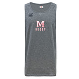 The WRS Canterbury San Joaquin Tempo Vapodri Singlet is a gray sleeveless tank top made from recycled polyester, featuring "M RUGBY" in red and white on the front and a small Canterbury logo on the left shoulder. Enhanced with VapoDri technology.