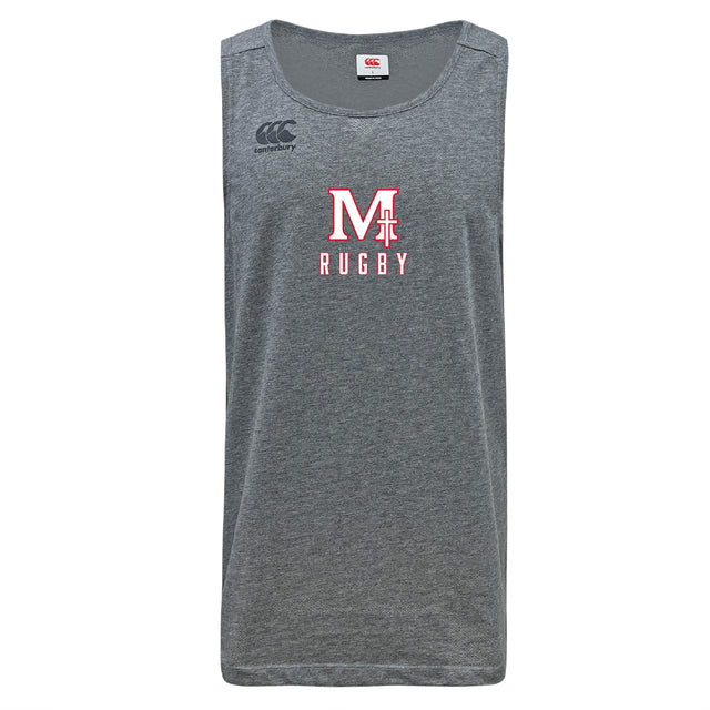 The WRS Canterbury San Joaquin Tempo Vapodri Singlet is a gray sleeveless tank top made from recycled polyester, featuring "M RUGBY" in red and white on the front and a small Canterbury logo on the left shoulder. Enhanced with VapoDri technology.