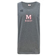 The San Joaquin Memorial Tempo Vapodri Singlet by WRS Canterbury is a grey recycled polyester tank with "M Rugby" and a red-and-white rugby goalpost graphic on the chest, plus a Canterbury logo on the upper left.