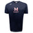 The San Joaquin Tempo Vapodri T-Shirt by WRS Canterbury is a navy blue, short-sleeve sports tee with a white and red "M Rugby" logo on the chest and a small "Canterbury" logo on the right shoulder, made for athletic performance.