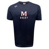 The San Joaquin Tempo Vapodri T-Shirt by WRS Canterbury is a navy blue, short-sleeve sports tee with a white and red "M Rugby" logo on the chest and a small "Canterbury" logo on the right shoulder, made for athletic performance.