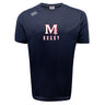 The San Joaquin Tempo Vapodri T-Shirt by WRS Canterbury is a navy blue, short-sleeve sports tee with a white and red "M Rugby" logo on the chest and a small "Canterbury" logo on the right shoulder, made for athletic performance.