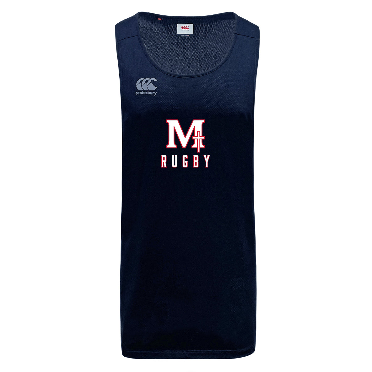 The San Joaquin Memorial Tempo Vapodri Singlet by WRS Canterbury is a navy blue sleeveless rugby tank with "M Rugby" and a cross logo front, Canterbury branding on the left shoulder, and made from moisture-wicking recycled polyester.