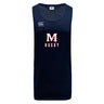 The San Joaquin Memorial Tempo Vapodri Singlet by WRS Canterbury is a navy blue sleeveless rugby tank with "M Rugby" and a cross logo front, Canterbury branding on the left shoulder, and made from moisture-wicking recycled polyester.