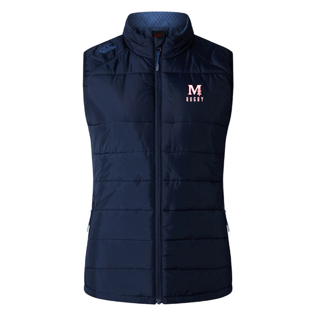 San Joaquin Memorial Women's Elite Microlite Gilet by EMB Canterbury—navy, sleeveless puffer with insulated baffles, front zipper, and "MA Rugby" logo on left chest.