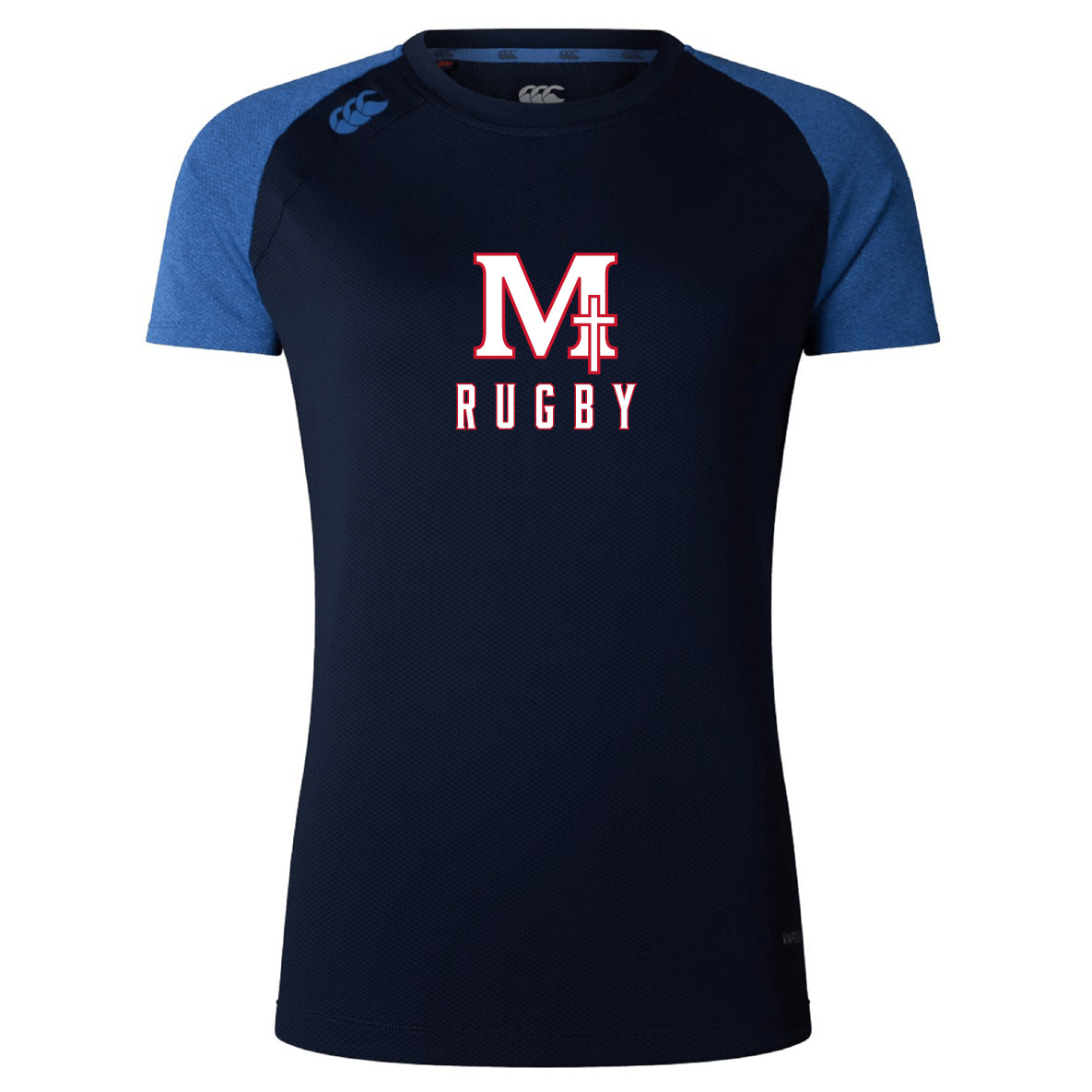 The San Joaquin Women's Elite Training Tee by WRS Canterbury is a navy and blue short-sleeve shirt with a bold red and white "M Rugby" logo—ideal as a lightweight, breathable women’s training top.
