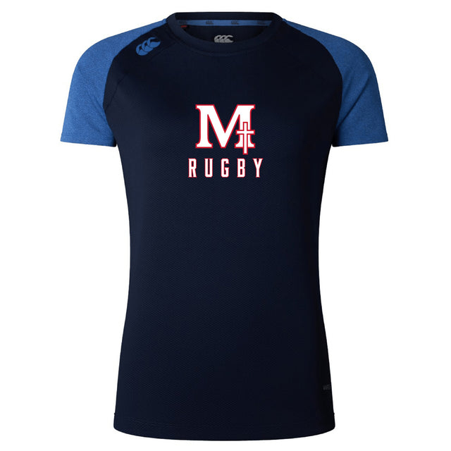 The San Joaquin Memorial Women's Elite Training Tee by WRS Canterbury is a navy blue shirt with blue short sleeves and a bold red and white "M Rugby" logo—lightweight for intense training and all-day comfort.