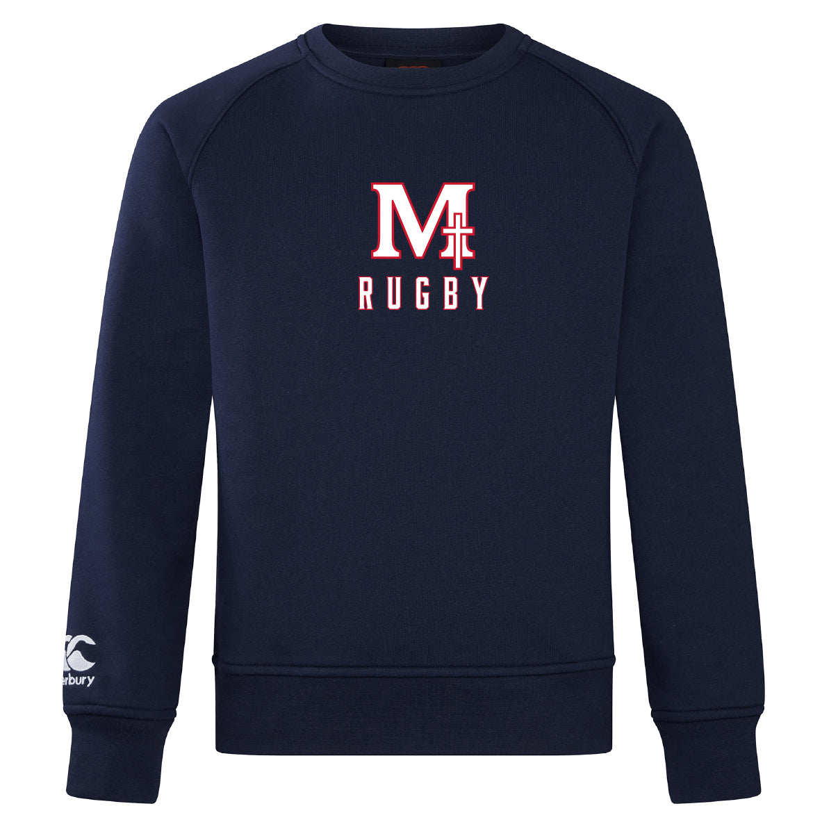 The San Joaquin Club Crew Sweatshirt by WRS Canterbury features "M Rugby" and a cross on the chest, ultra-soft navy blue fabric, and a small embroidered CCC logo on the left sleeve.