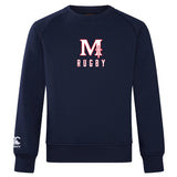 The San Joaquin Club Crew Sweatshirt by WRS Canterbury features "M Rugby" and a cross on the chest, ultra-soft navy blue fabric, and a small embroidered CCC logo on the left sleeve.