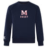 The San Joaquin Club Crew Sweatshirt by WRS Canterbury features "M Rugby" and a cross on the chest, ultra-soft navy blue fabric, and a small embroidered CCC logo on the left sleeve.