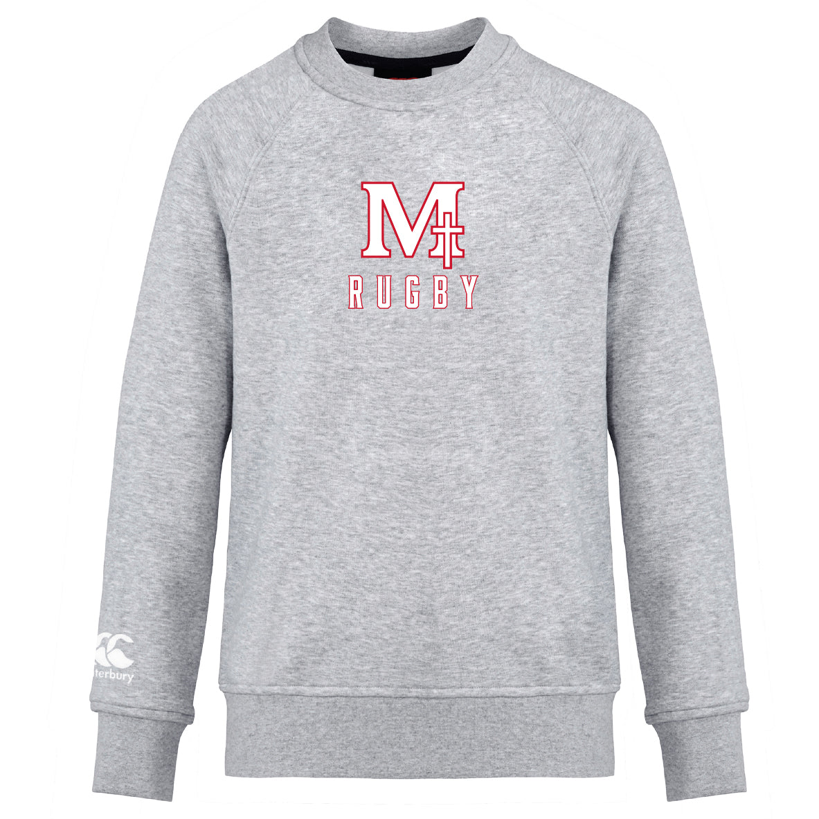 The San Joaquin Club Crew Sweatshirt by WRS Canterbury is a light grey ultra-soft sweatshirt with “M4 Rugby” in red and white on the chest and an embroidered CCC logo on the left sleeve.