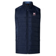The San Joaquin Memorial Elite Microlite Gilet by EMB Canterbury is a navy blue quilted vest with insulated baffles, full zipper, and "M Rugby" text and logo on the left chest.