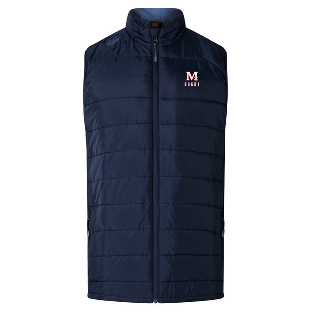 The San Joaquin Memorial Elite Microlite Gilet by EMB Canterbury is a navy blue quilted vest with insulated baffles, full zipper, and "M Rugby" text and logo on the left chest.