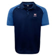 The San Joaquin Memorial Elite Polo by EMB Canterbury features navy and light blue short sleeves, the "M4 Rugby" logo on the left chest, and is made from Vapodri fabric for lightweight comfort.