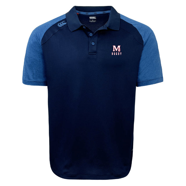 The San Joaquin Memorial Elite Polo by EMB Canterbury features navy and light blue short sleeves, the "M4 Rugby" logo on the left chest, and is made from Vapodri fabric for lightweight comfort.