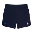 The San Joaquin Memorial Elite Woven Short by EMB Canterbury features a blue logo on the left leg and "MA RUGBY" in red/white on the right—perfect for training or gym sessions.