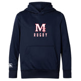 The San Joaquin Club Lightweight Hoodie by WRS Canterbury features a large "M" and cross above "RUGBY" on the chest, kangaroo pocket, and Canterbury logo on the left sleeve. Navy blue, lightweight, perfect for comfort and style.