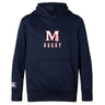 The San Joaquin Club Lightweight Hoodie by WRS Canterbury features a large "M" and cross above "RUGBY" on the chest, kangaroo pocket, and Canterbury logo on the left sleeve. Navy blue, lightweight, perfect for comfort and style.