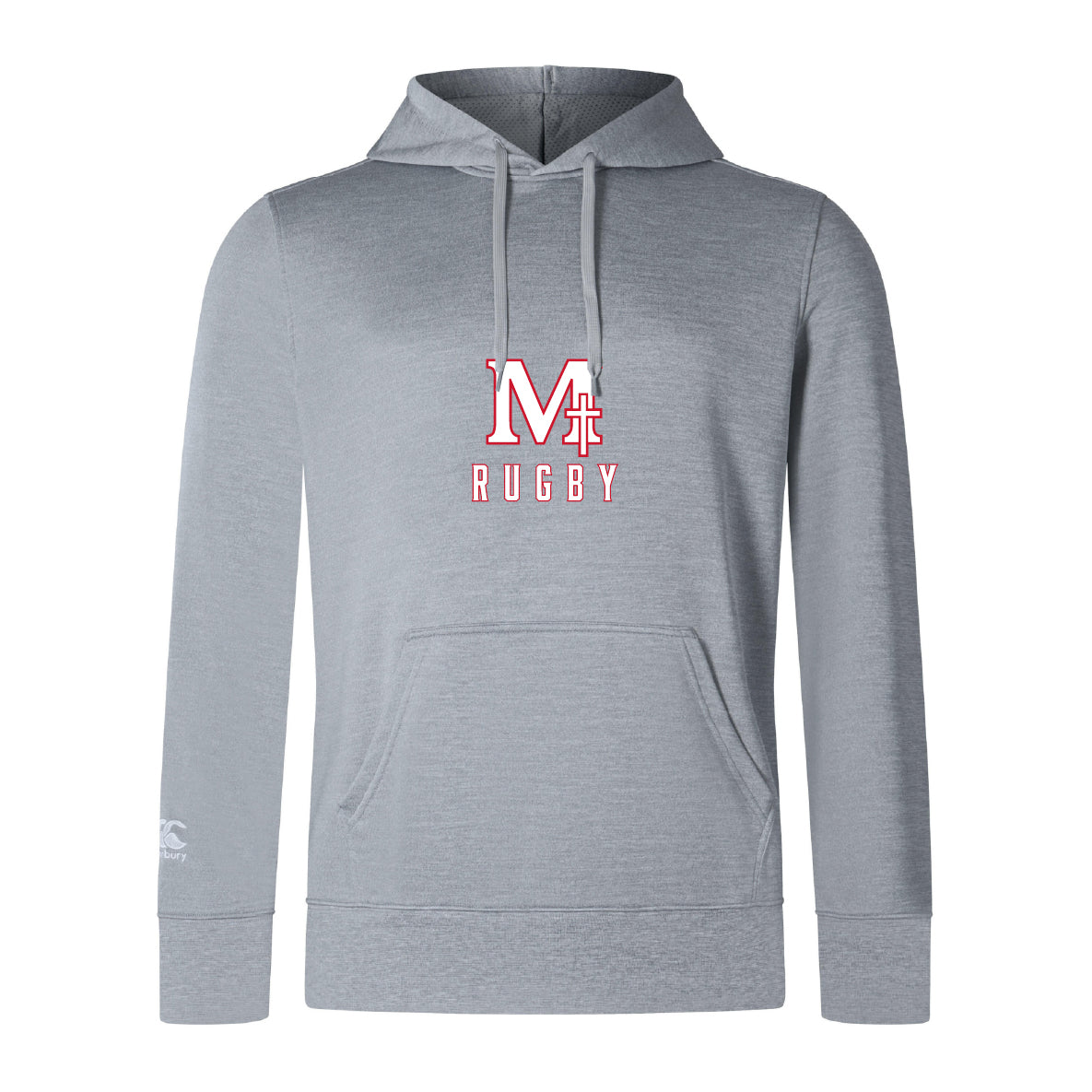 The San Joaquin Club Lightweight Hoodie by WRS Canterbury features "M Rugby" in red and white on the chest, a classic kangaroo pocket, and a light gray Canterbury Club style.
