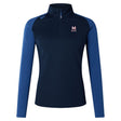 The San Joaquin Memorial Women's Elite First Layer by EMB Canterbury is a navy and blue long-sleeve athletic top with VapoDri tech, quarter-zip collar, "M Rugby" left chest logo, small right shoulder logo—ideal for elite women’s training.