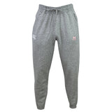 The San Joaquin Memorial Leisure Sweatpant by EMB Canterbury features a light grey color, recycled polyester fabric, drawstring waist, elastic cuffs, and small white and red side logos.