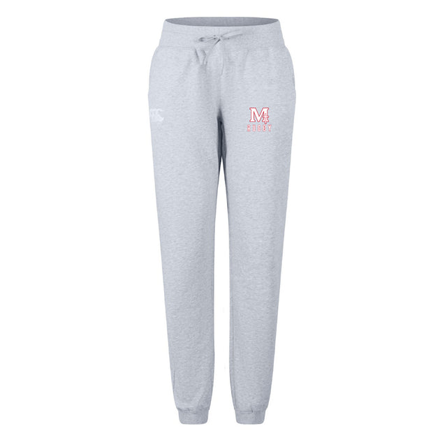 The San Joaquin Memorial Women's Leisure Sweatpant by EMB Canterbury features light gray fabric, an elastic waistband with drawstring, side pockets, and a red and white "M" Riders logo—ideal for casual comfort.