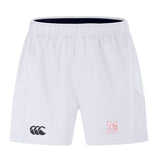 The San Joaquin Memorial Advantage Short 2.0 by EMB Canterbury features an elastic waistband, black Canterbury logo left leg, and red "M Rugby" logo right—sustainable athletic wear ideal for any rugby fan.