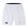 The San Joaquin Memorial Advantage Short 2.0 by EMB Canterbury features an elastic waistband, black Canterbury logo left leg, and red "M Rugby" logo right—sustainable athletic wear ideal for any rugby fan.