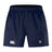 The San Joaquin Memorial Advantage Short 2.0 by EMB Canterbury features navy blue performance fabric, an elastic waistband, side pockets, and white Canterbury and M4 Rugby logos—ideal for those seeking sustainable athletic wear.