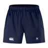 The San Joaquin Memorial Advantage Short 2.0 by EMB Canterbury features navy blue performance fabric, an elastic waistband, side pockets, and white Canterbury and M4 Rugby logos—ideal for those seeking sustainable athletic wear.