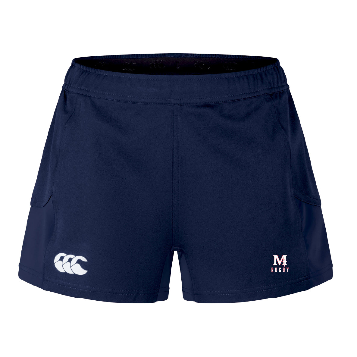 The San Joaquin Memorial Women's Advantage Short 2.0 by EMB Canterbury features navy blue performance fabric, a white Canterbury logo on the left leg, a red "M A Rugby" logo on the right, and is designed for lasting comfort and durability.