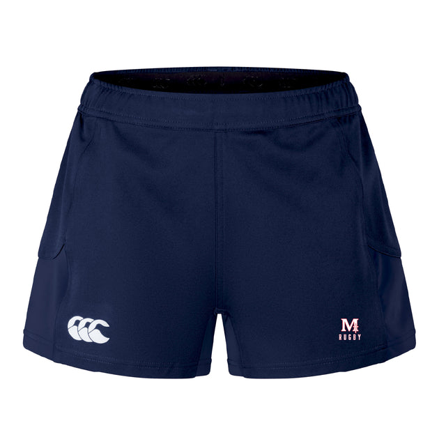 The San Joaquin Memorial Women's Advantage Short 2.0 by EMB Canterbury features navy blue performance fabric, a white Canterbury logo on the left leg, a red "M A Rugby" logo on the right, and is designed for lasting comfort and durability.