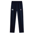The San Joaquin Memorial Stretch Tapered Pant by EMB Canterbury features a navy blue design, elastic waistband, Canterbury logo left, M Rugby logo right. These men’s workout pants provide a comfortable fit and quick-dry performance.