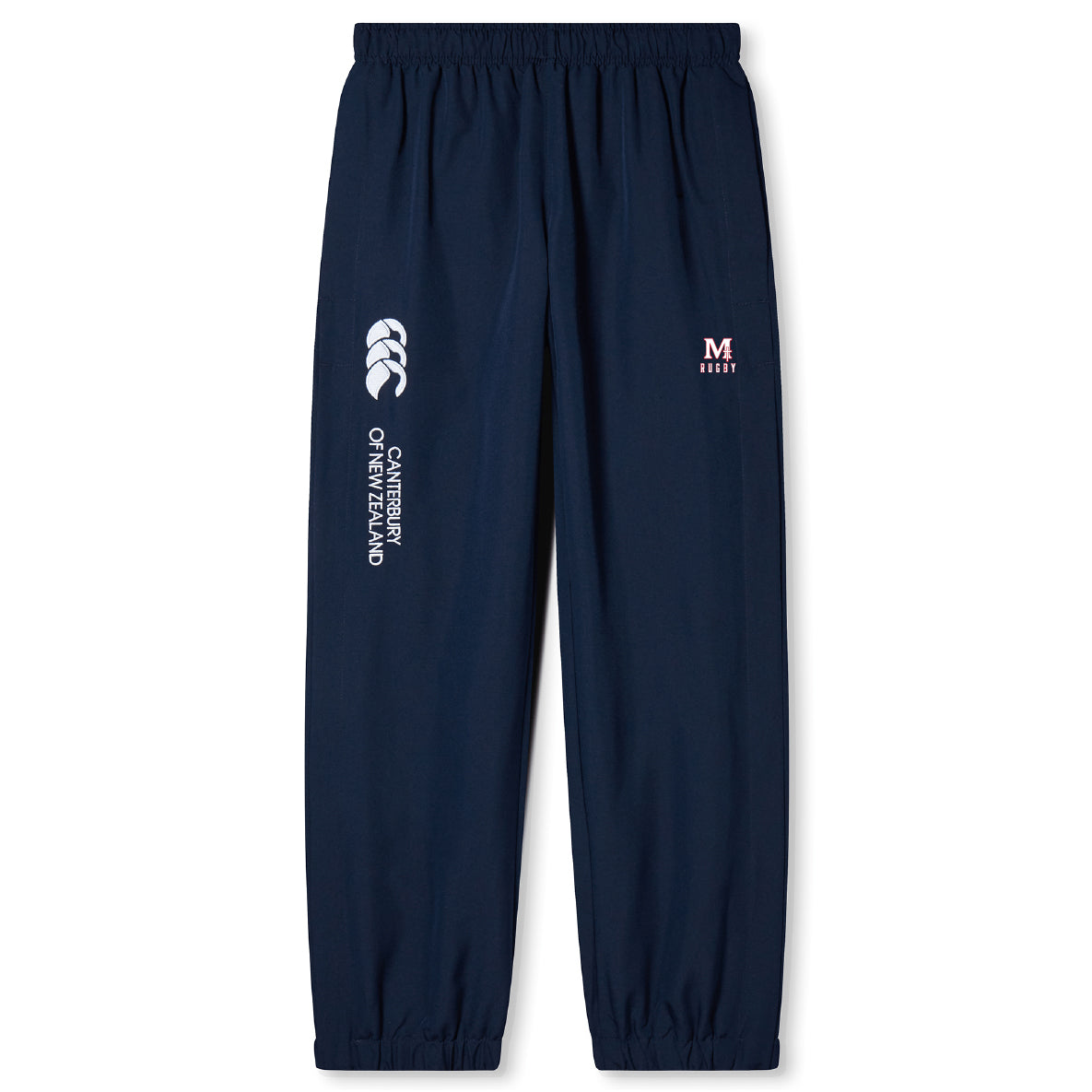 The EMB Canterbury San Joaquin Memorial Cuffed Hem Stadium Pant features white lettering and a stylish cuffed hem for a sporty, modern look.