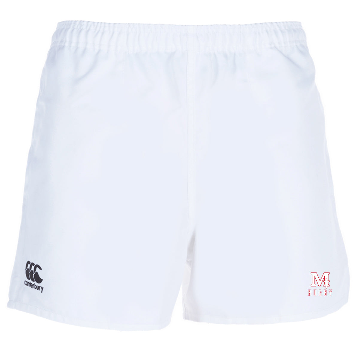 San Joaquin Memorial Advantage Rugby Shorts by EMB Canterbury—white with an elastic waistband, black Canterbury logo on the left leg, red “MF Rugby” logo on the right, and moisture-wicking fabric for cool comfort on the field.