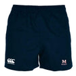 The EMB Canterbury San Joaquin Memorial Professional Polyester Rugby Short features a navy blue design, elastic waistband, Canterbury logo left leg, "M Rugby" right leg, and a pocket—ideal for training or match days.