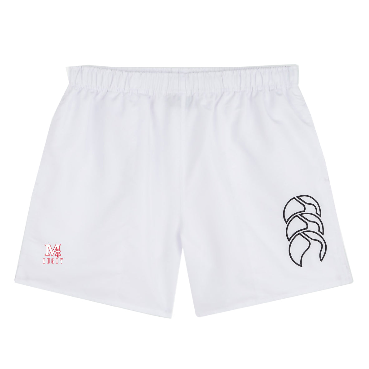 The San Joaquin Memorial Tactic Short by EMB Canterbury is a pair of white men's gym shorts with an elastic waistband, a black logo on the right leg, and a small red "M" logo on the left leg.