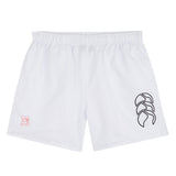 The San Joaquin Memorial Tactic Short by EMB Canterbury is a pair of white men's gym shorts with an elastic waistband, a black logo on the right leg, and a small red "M" logo on the left leg.