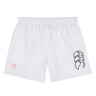 The San Joaquin Memorial Tactic Short by EMB Canterbury is a pair of white men's gym shorts with an elastic waistband, a black logo on the right leg, and a small red "M" logo on the left leg.