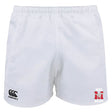 The Memorial High School Player's Drill Short by EMB Canterbury showcases the classic black Canterbury logo on the left and a striking red "MHS Rugby" logo on the right, made from durable recycled fabric.