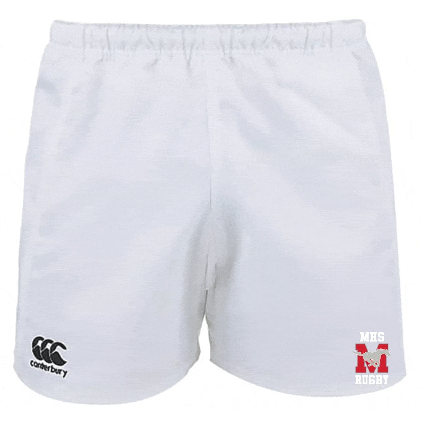 The Memorial High School Player's Drill Short by EMB Canterbury showcases the classic black Canterbury logo on the left and a striking red "MHS Rugby" logo on the right, made from durable recycled fabric.
