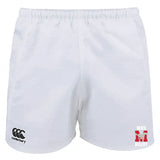 The Memorial High School Player's Drill Short by EMB Canterbury showcases the classic black Canterbury logo on the left and a striking red "MHS Rugby" logo on the right, made from durable recycled fabric.