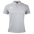 Light grey San Joaquin Memorial Waimak Polo by EMB Canterbury, short-sleeve with collar, white logo, and red "M Rugby" chest emblem. Combines comfort with sporty style—ideal for any rugby fan.