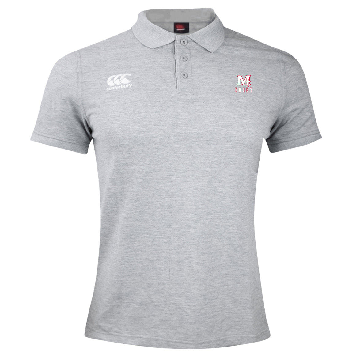 Light grey San Joaquin Memorial Waimak Polo by EMB Canterbury, short-sleeve with collar, white logo, and red "M Rugby" chest emblem. Combines comfort with sporty style—ideal for any rugby fan.