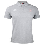 Light grey San Joaquin Memorial Waimak Polo by EMB Canterbury, short-sleeve with collar, white logo, and red "M Rugby" chest emblem. Combines comfort with sporty style—ideal for any rugby fan.