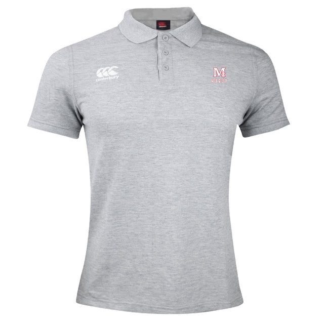 Light grey San Joaquin Memorial Waimak Polo by EMB Canterbury, short-sleeve with collar, white logo, and red "M Rugby" chest emblem. Combines comfort with sporty style—ideal for any rugby fan.